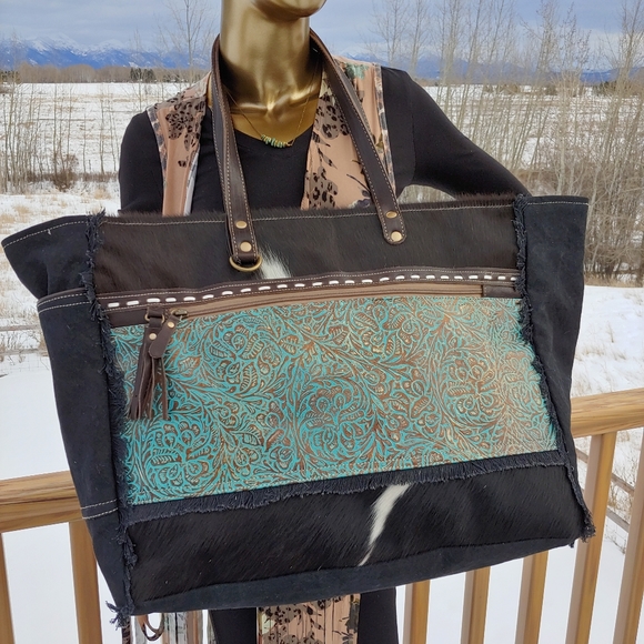 😍New Style Myra Bag Cowhide Canvas Leather Weekender Travel XL extra lar - Picture 11 of 11